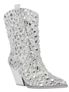 Azalea Wang Gemmy Rhinestone Western Boots Silver Clear Size 6